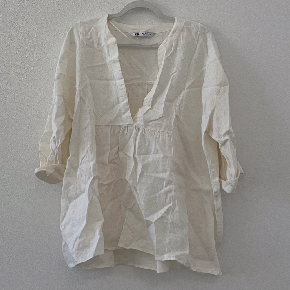 Zara linen blend white babydoll v neck long sleeve tunic top